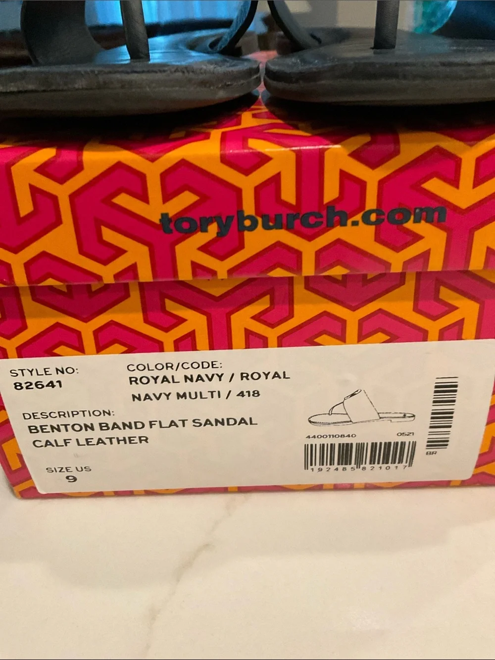 Tory Burch Navy Leather Thong Sandals with Gold Green Logo